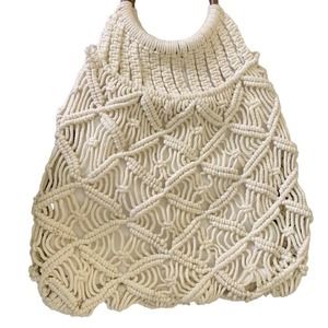 Handbag Purse Crochet Boho Style off white Wood Handles Lined Snap Close Pockets